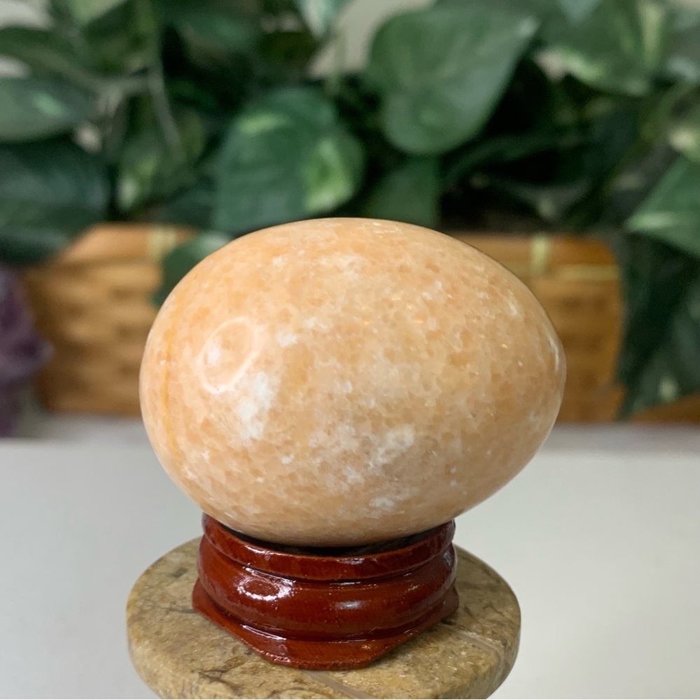 Natural Orange Calcite Egg Polished Crystal Meditation Stone with Wood Stand 2" - Picture 8 of 12
